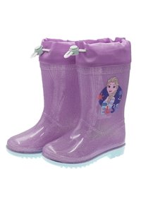 Bottes de pluie violettes à paillettes avec un matériau flexible, des orteils ronds et un cordon blanc en haut ; présente un design du personnage Elsa.