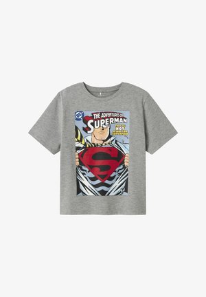 Gray short-sleeve t-shirt featuring a Superman comic graphic with red and black colors, and text: "The Adventures of Superman."