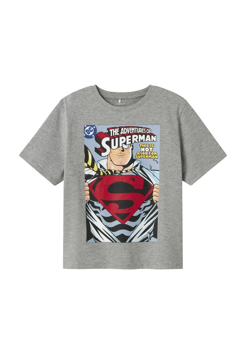 Grijze t-shirt met korte mouwen, voorzien van een Superman stripafbeelding in rood en zwart, met de tekst: "De Avonturen van Superman."