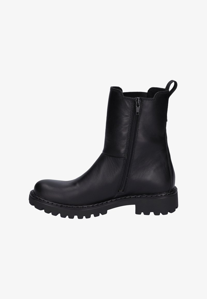 Bottines en cuir noir avec fermeture éclair sur le côté, bout arrondi, dessus texturé et semelle épaisse à crampons pour une meilleure adhérence. Anse à l'arrière pour un enfilage facile.