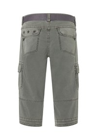 Cargo-Shorts in gedämpftem Grün. Hergestellt aus Baumwolle mit einem gewebten elastischen Bund. Verfügt über fünf Taschen und Sternelemente auf der Rückseite.