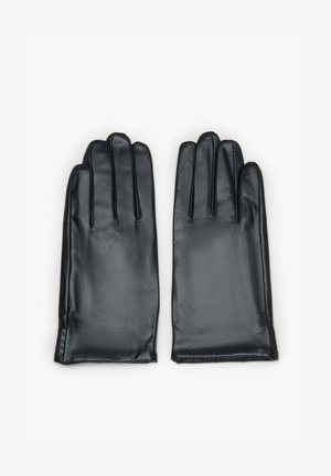 Para czarnych skórzanych rękawiczek ułożonych płasko, z wyprostowanymi palcami, ukazujących gładką fakturę i przeszycia blisko nadgarstków.