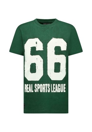 Groen T-shirt met korte mouwen, voorzien van een grote versleten witte nummer 66 en de tekst "Real Sports League" op de voorkant.