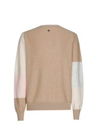 Beige trui met lange mouwen, voorzien van kleuraccenten in lichtroze, lichtgrijs en roomkleur. Ronde halslijn en geribde boorden.