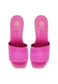 Roze suède slide-sandalen met een brede band, vierkante teenvorm en gouden branding. Voorzien van een gladde, glanzende zool.
