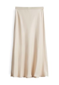 Beige, knee-length skirt made of smooth, lightweight fabric. Features a fitted waist and a flowing silhouette without patterns or embellishments.