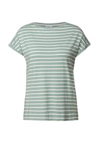 T-shirt à manches courtes rayé vert et blanc avec un col rond et une coupe décontractée. Le tissu semble doux avec une texture lisse.