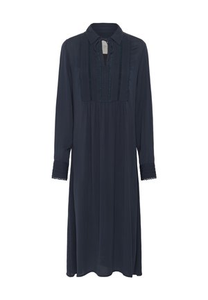Robe longue à manches longues bleu marine avec un col, présentant un design plissé, des détails brodés sur le devant et des accents festonnés sur les manches.