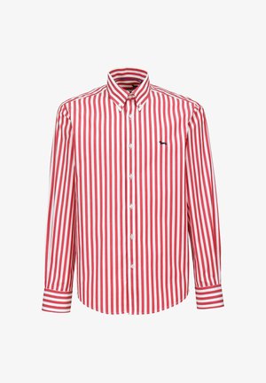 Rood-wit gestreept shirt met een button-down kraag, voorzien van lange mouwen, een afgeronde zoom en een marineblauw logo op de borst.