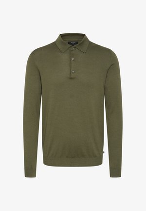Langärmeliges olivgrünes Polohemd mit drei Knöpfen und einem gerippten Saum und Bündchen.
