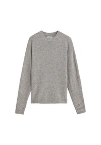 Suéter de lana de un gris claro jaspeado con mangas largas, puños y dobladillo acanalados, que presenta un cuello redondo.