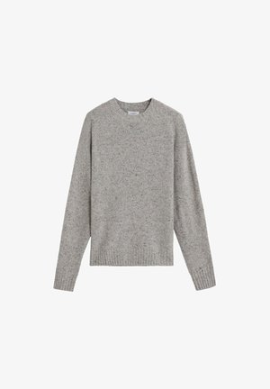 Suéter de lana de un gris claro jaspeado con mangas largas, puños y dobladillo acanalados, que presenta un cuello redondo.