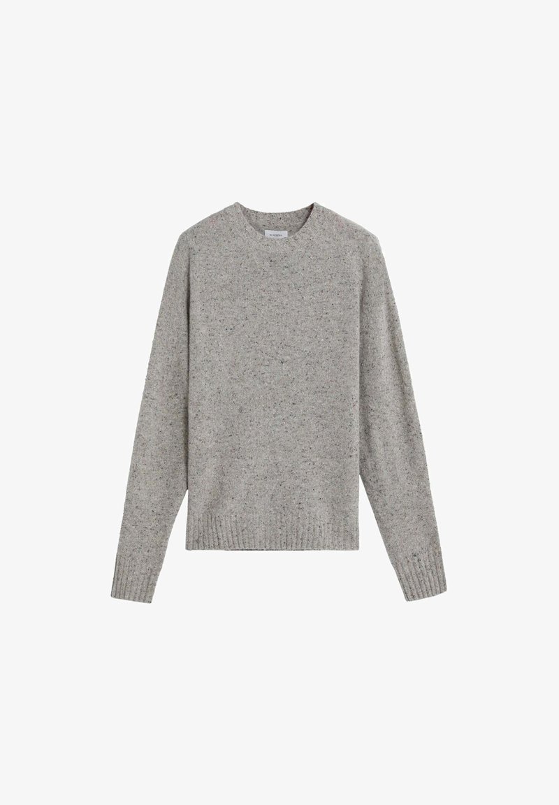 Light grey speckled wool sweater with long sleeves, ribbed cuffs, and hem, featuring a round neckline.