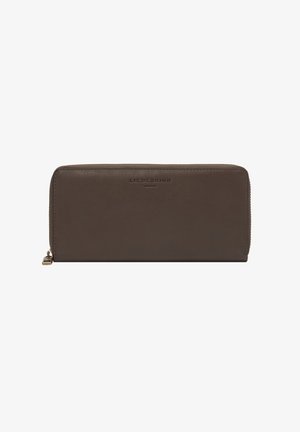 Braune Leder-Geldbörse mit Rundum-Reißverschluss, geprägt mit dem "Liebeskind Berlin"-Logo und einem Metallreißverschluss-Anhänger, auf schlichtem weißem Hintergrund.