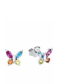 Fjärilsformade örhängen med flerfärgade ädelstenar: rosa, blå, orange och grön på en silverfärgad metallbas.