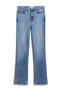 Světle modré džíny z denimu s rozšířeným designem, pěti kapsami, zapínáním na knoflík a zip, a jemným odřením po celém povrchu pro texturu.