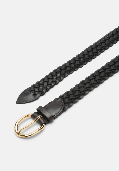 Black braided leather belt with a gold metal buckle, shown laid flat on a white background.