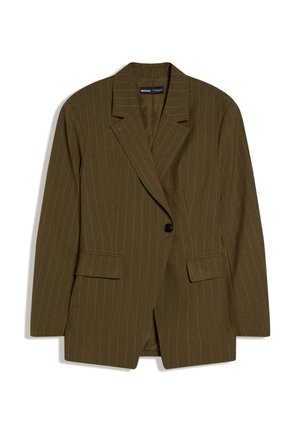 Olivgrüner Nadelstreifenblazer mit Reverskragen, einreihiger schwarzer Knopfverschluss und aufgesetzten Taschen vorne.