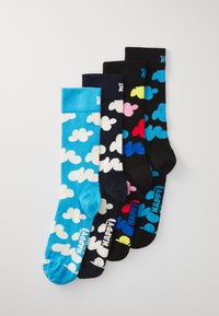 Five pairs of cotton socks in blue, black, and navy, featuring cloud patterns. The blue sock has white clouds, while others have varied accents.