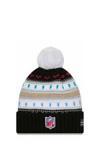 Berretto in maglia nero, bianco e grigio con pom-pom. Il motivo presenta accenti colorati in rosa, verde acqua e giallo. Logo NFL sul risvolto.