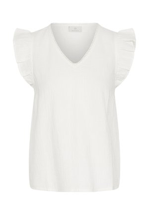 White sleeveless women's blouse with V-neck and ruffled cap sleeves, made of lightweight textured fabric.