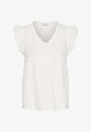 White sleeveless women's blouse with V-neck and ruffled cap sleeves, made of lightweight textured fabric.