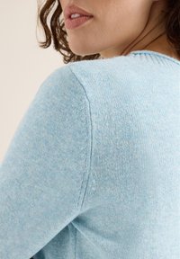 Helles blaues Strickpullover mit einer weichen Textur, Rundhalsausschnitt und nahtlosen Schultern, mit subtilen Farbvariationen.