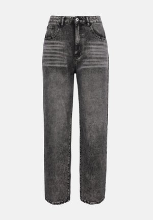 High-waisted, straight-leg jeans in faded black denim, featuring front pockets, faded detailing, and reinforced stitching along seams.