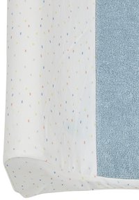 Cotton decorative pillow with a white fabric featuring small colorful dots. One side is soft blue terry cloth texture. Rectangular shape.