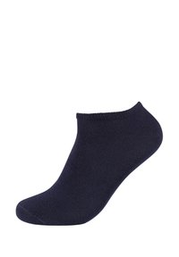 Marineblaue Knöchelsocke aus weichem, dehnbarem Material. Sie hat einen gerippten Bund oben und eine glatte Textur. Keine sichtbaren Muster oder Akzente.