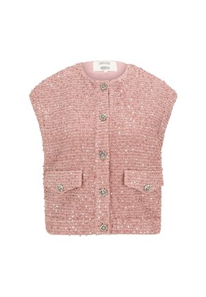 Rosa strukturierte ärmellose Jacke mit funkelnden Pailletten, juwelenbesetzten Knöpfen und zwei vorderen Klappentaschen vor weißem Hintergrund.