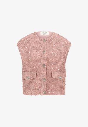 Rosa strukturierte ärmellose Jacke mit funkelnden Pailletten, juwelenbesetzten Knöpfen und zwei vorderen Klappentaschen vor weißem Hintergrund.