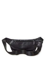 Marsupio nero in ecopelle con tracolla regolabile, una piccola tasca con zip sulla parte anteriore e una texture liscia e opaca.