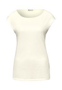 Haut blanc à manches courtes pour femme avec un large col rond et une taille légèrement ajustée, étiqueté "Street One".