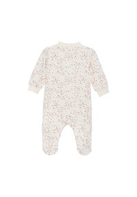 Weißer Fußoverall mit langen Ärmeln, der mit einem verstreuten Muster aus rosa und blauen Punkten versehen ist, gefertigt aus weichem, leichtem Stoff.