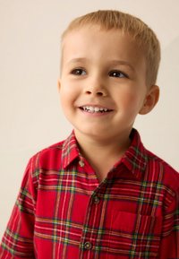 Camicia a quadri rossa con bottoni, realizzata in cotone, con strisce verdi e gialle, colletto e una piccola tasca sul petto.