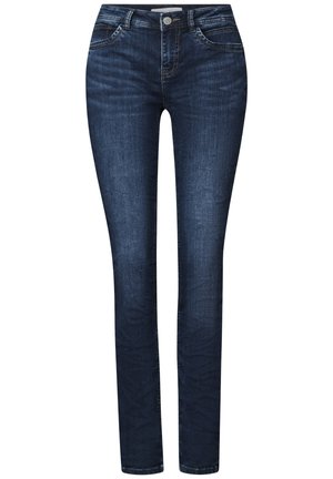 Skinny jeans in dark blue denim, featuring a classic five-pocket design, stitched detailing, and a front button closure.