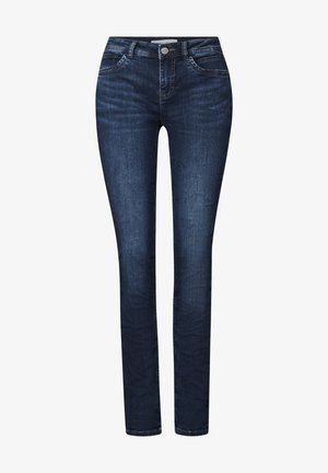 Skinny jeans in dark blue denim, featuring a classic five-pocket design, stitched detailing, and a front button closure.