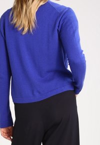 Blå, lätt tröja med långa ärmar, rund halsringning och ribbad nederkant. Mjuk textur, slät yta och figursydd design.