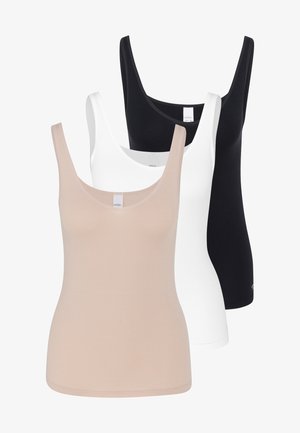 Trois débardeurs en beige, blanc et noir. Fabriqués en tissu extensible avec un décolleté en scoop et des bretelles étroites. Texture lisse et design ajusté.