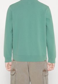 Sudadera verde de tejido suave con escote redondo, mangas largas y puños acanalados. La parte trasera es lisa, sin gráficos ni patrones.