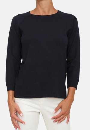Maglione in maglia blu navy con scollo rotondo e maniche raglan a tre quarti. Tessuto liscio, polsini e orlo a costine.