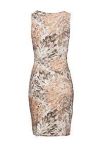 Körpernahe Kleid mit floralen Motiven in Beige-, Braun- und sanften Pfirsichtönen. Ärmelloses Design und strukturierter Stoff mit taillierter Silhouette.