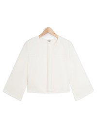 Witte cropped jas met driekwart mouwen, met een ronde halslijn en een voorkant zonder knopen. Gladde, lichtgewicht stof.