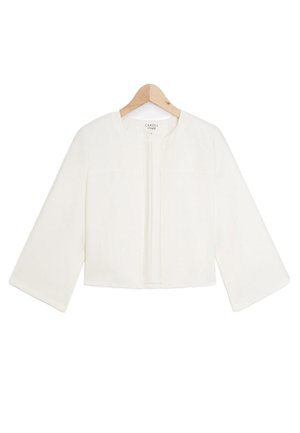 Weiße, kurz geschnittene Jacke mit Dreiviertelärmeln, runder Halsausschnitt und einer vorderen Öffnung ohne Knöpfe. Glattes, leichtes Material.
