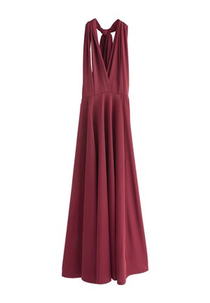 Rochie burgundy lungime până la podea, fără mâneci, cu decolteu adânc în V și detaliu nod răsucit la linia gâtului din spate.