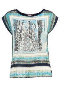 Short-sleeve blouse in multicolored fabric featuring leaf patterns and horizontal stripes in blue, gray, and green with a rounded neckline.