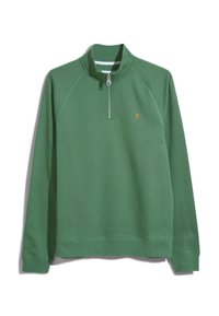 Grüner Pullover mit halbem Reißverschluss am Kragen, Raglanärmeln, gerippten Bündchen und einem gestickten Logo oben links. Weicher, strukturierter Stoff.