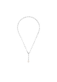 Silberne Kettenhalskette mit verlängerten Gliedern, die an der Basis einen einzelnen Perlenanhänger trägt. Glatte Oberfläche und minimalistisches Design.