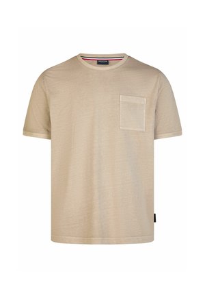 T-shirt beige a maniche corte con scollo rotondo e una tasca sul petto, esposto su sfondo bianco.